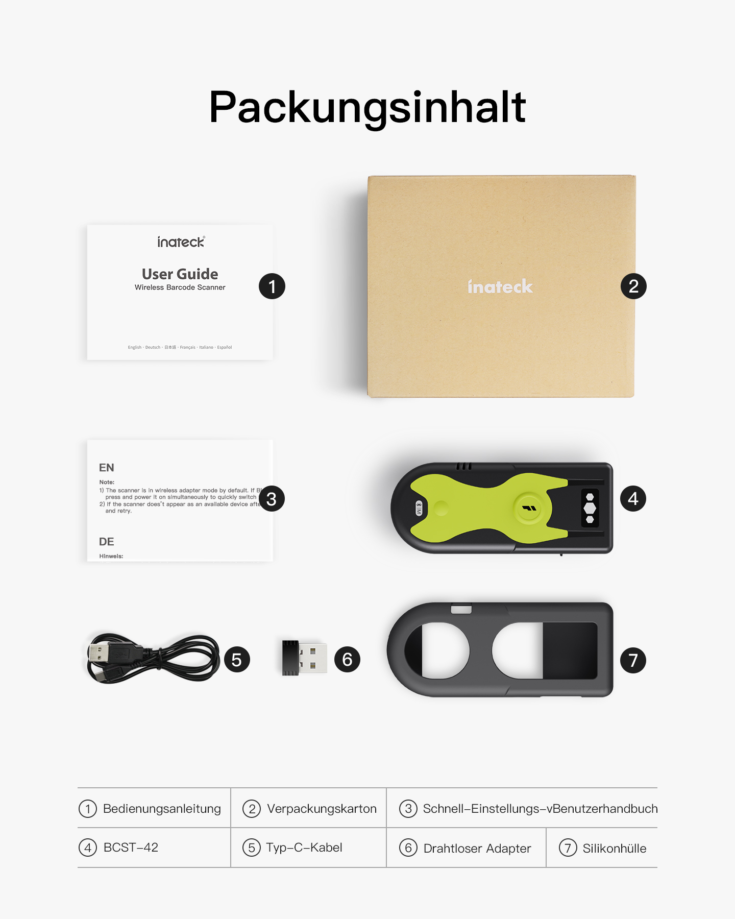 Packungsinhalt: Benutzerhandbuch, Box, Barcodescanner, Adapter, Kabel und Silikonhülle.