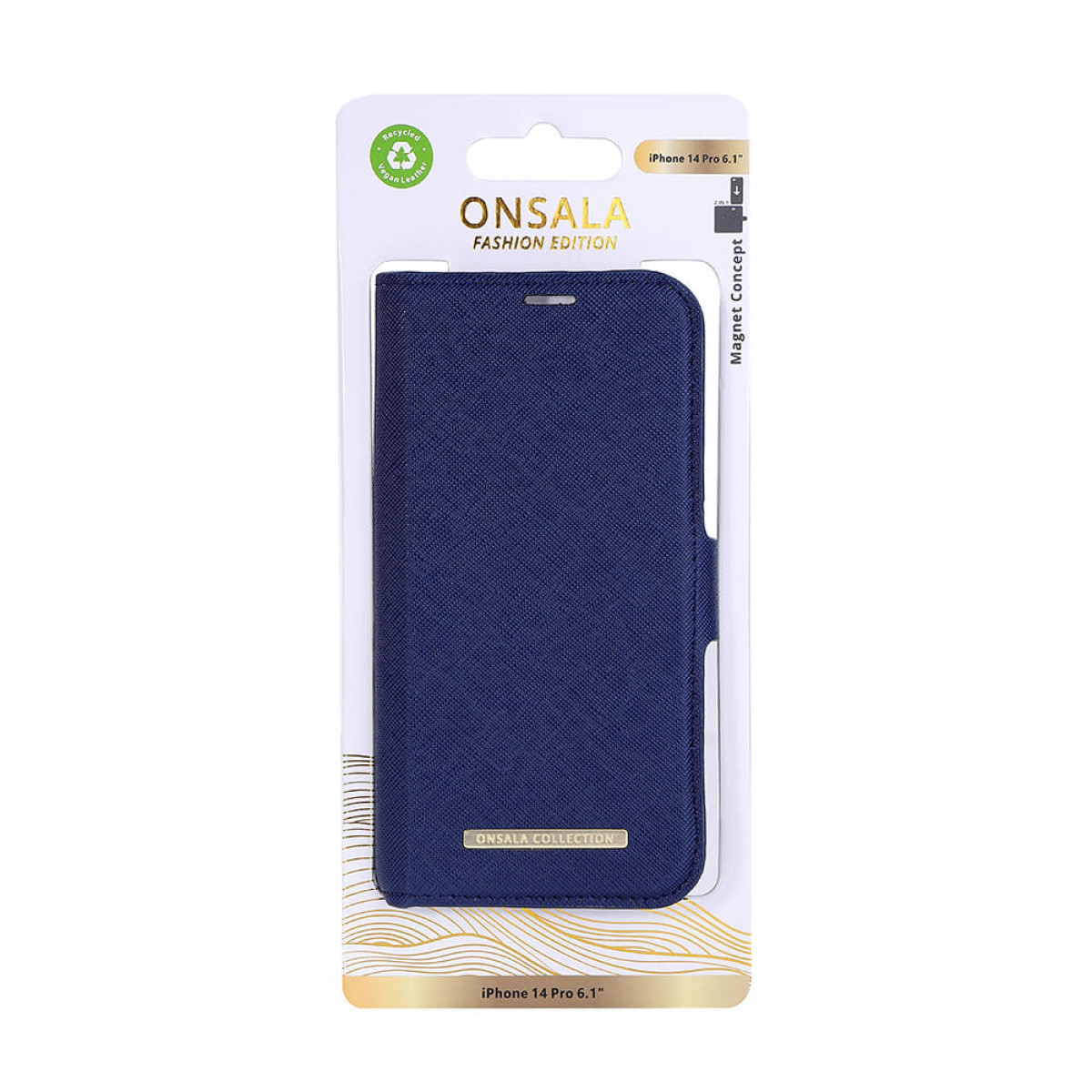 Marineblaue Handyhülle in einer Verpackung. Die Verpackung hat Text wie 'ONSALA' und 'iPhone 14 Pro 6.1'.
