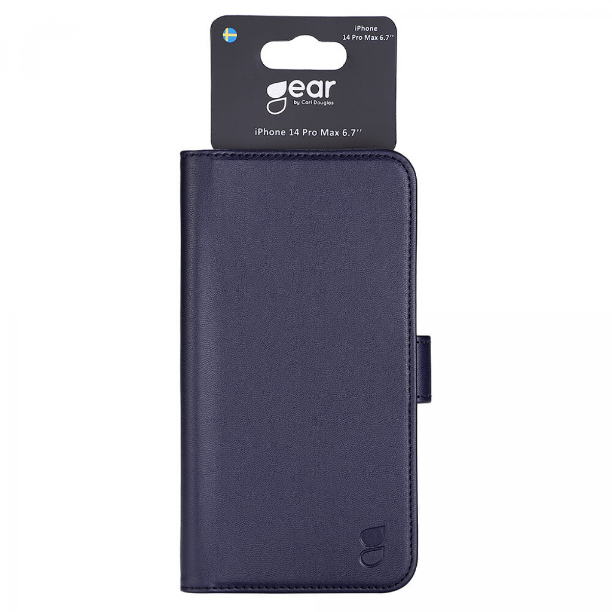 Eine blaue Leder-Handyhülle mit schwarzem Kartenhalter, für ein iPhone 14 Pro Max.