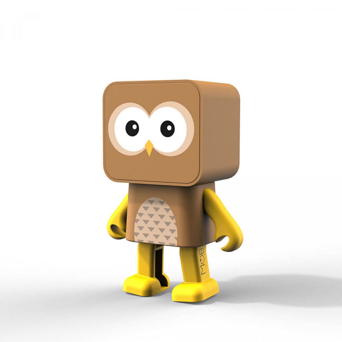 Un simpatico altoparlante a forma di gufo dei cartoni animati con colori marrone e giallo su sfondo bianco.