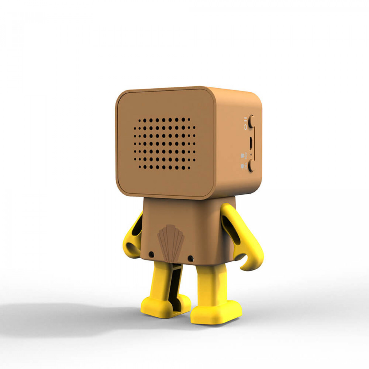 Un altoparlante a forma di robot marrone e giallo, con griglia e porte, su sfondo bianco.