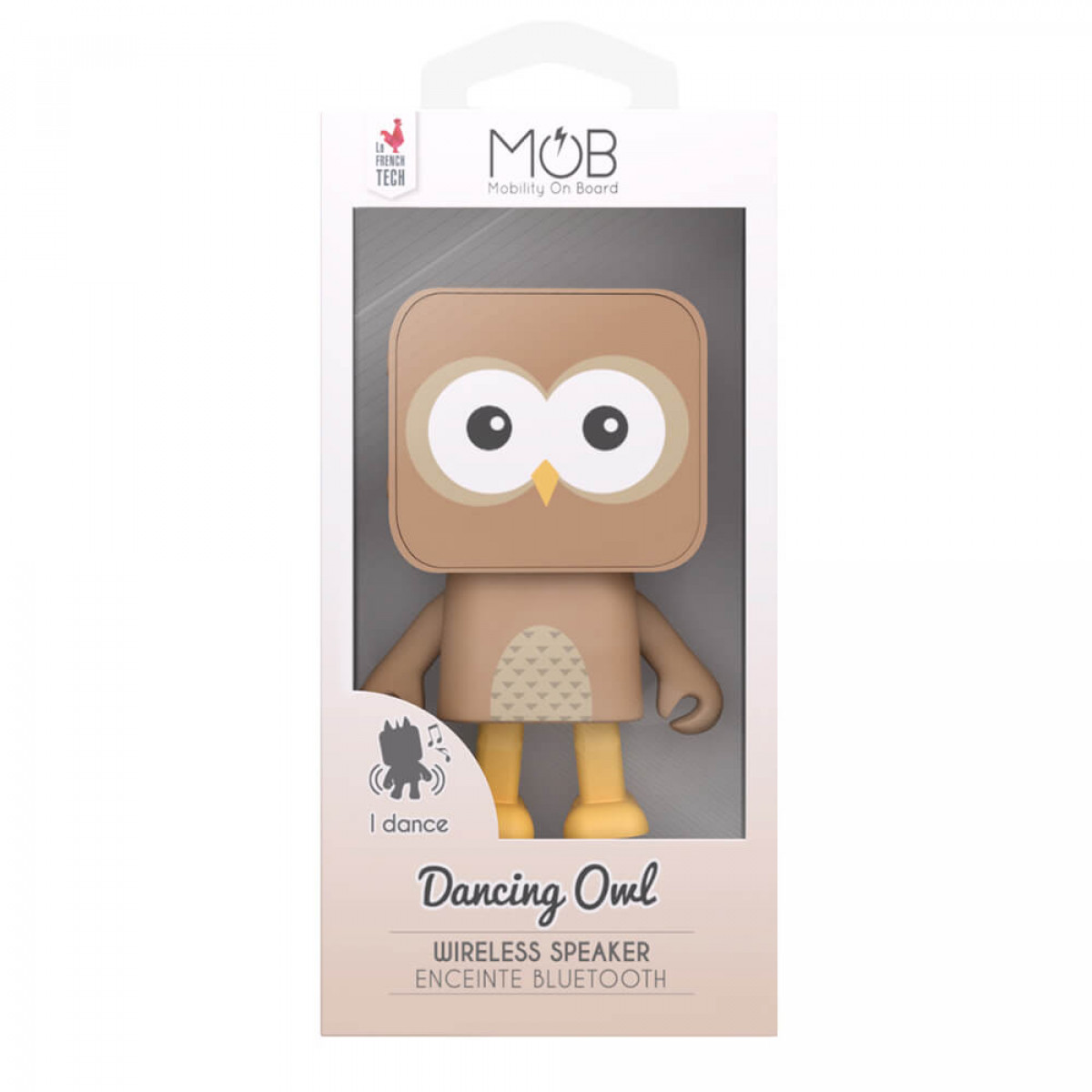 Un altoparlante a forma di gufo dei cartoni animati in una scatola con la scritta 'Dancing Owl'. Il gufo è marrone e beige.