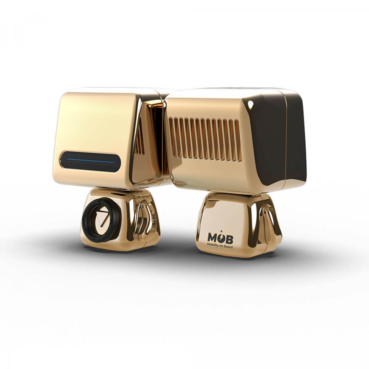 Ein goldfarbenes roboterartiges Gerät mit zwei Beinen und einem kastenförmigen Kopf. Es hat ein fächerartiges Design auf der Rückseite.