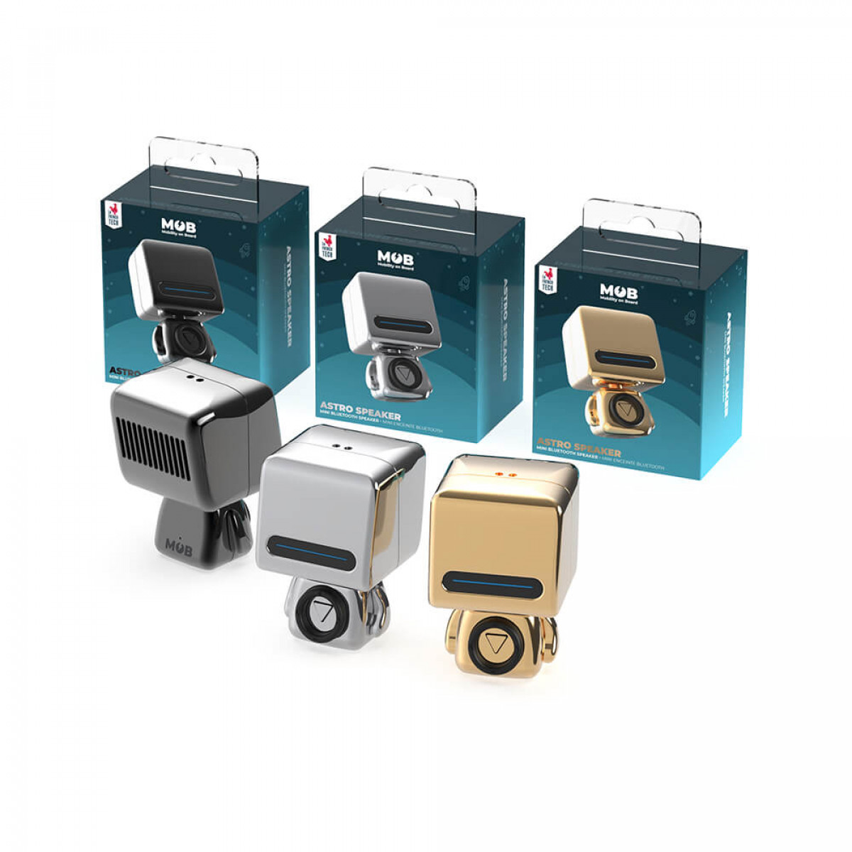 Drei Miniatur-Roboter-Lautsprecher in Kartons. Silberne, schwarze und goldene Roboter.