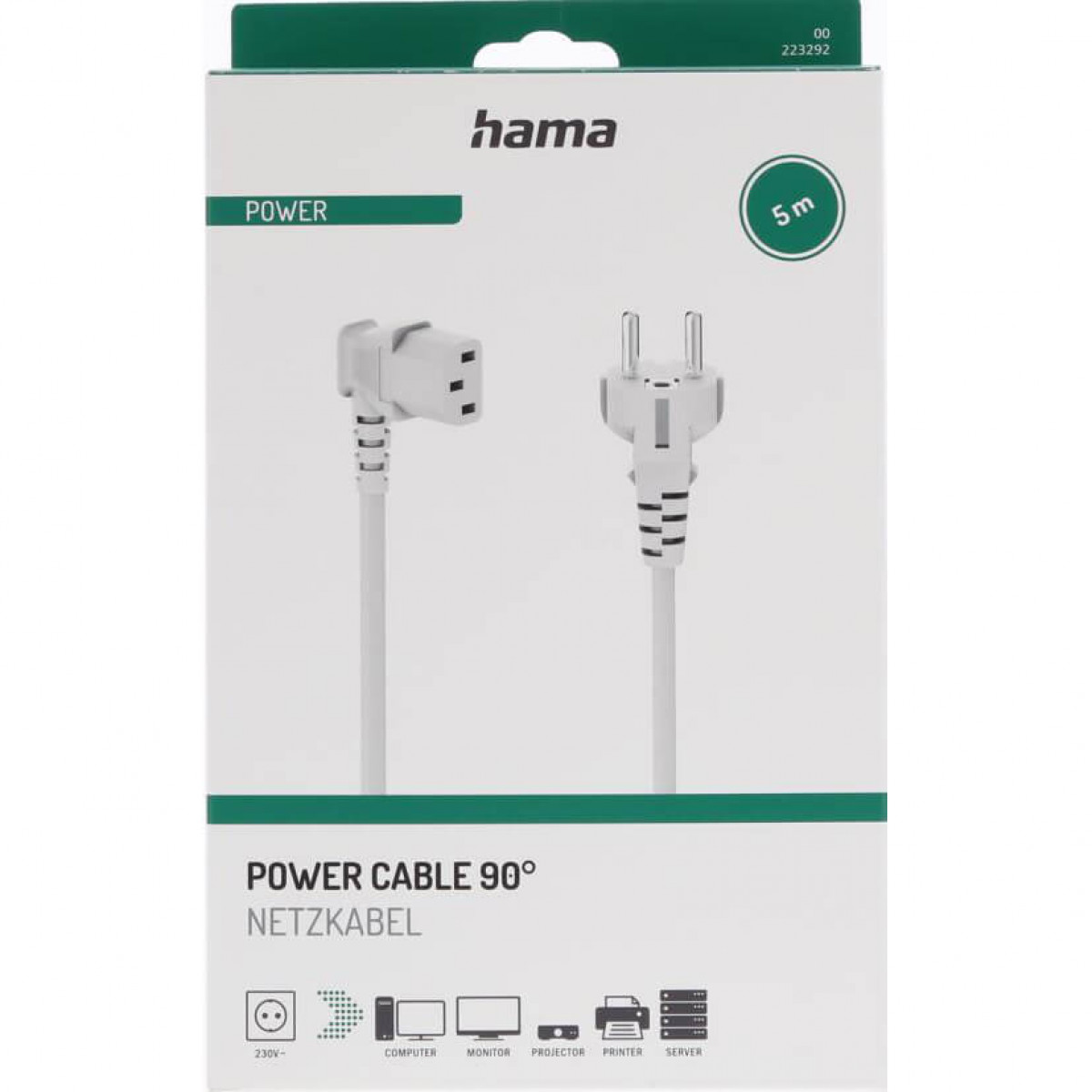 Białe pudełko kabla zasilającego z białym kablem zasilającym. Kabel jest typu 90 stopni.