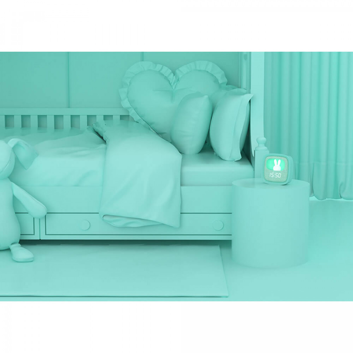 Minzgrünes Zimmer mit Bett, Nachttisch mit Uhr, Stoffhase und Teppich. Alles grün.