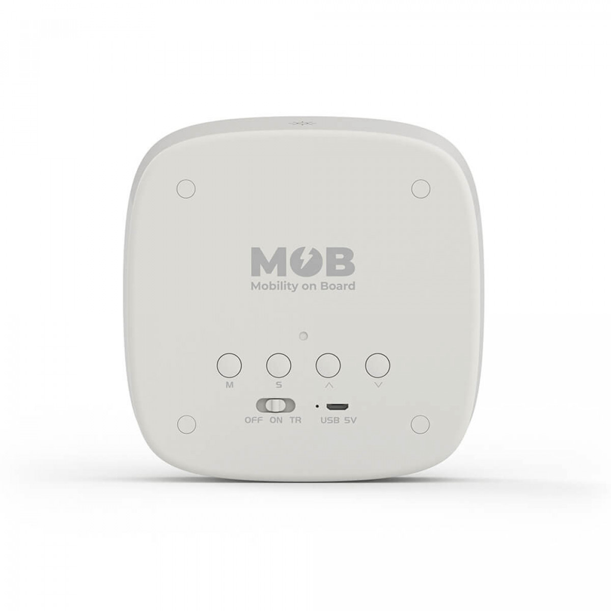 Dispositivo quadrato MOB bianco con USB e pulsanti di controllo. Testo e cerchi neri visibili.