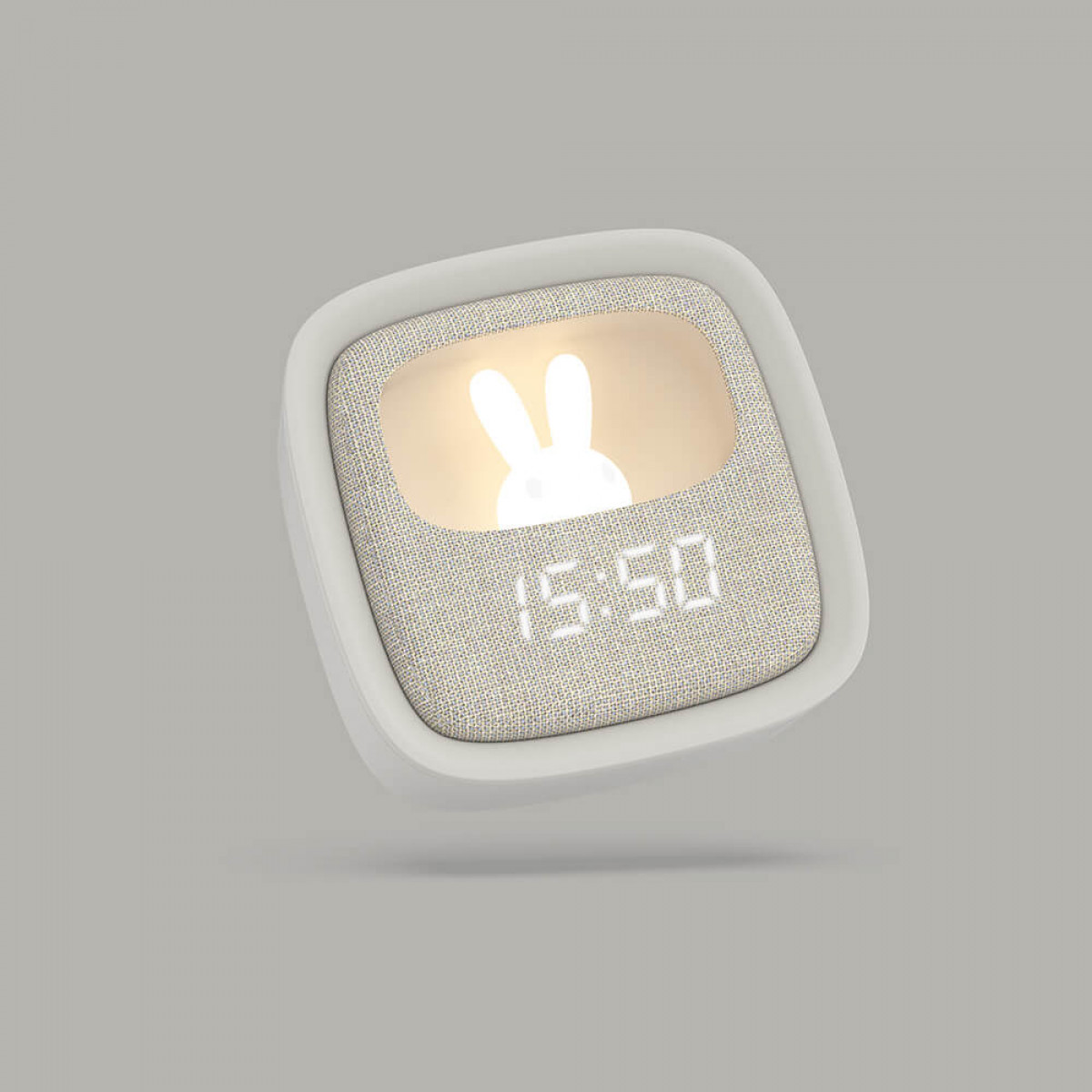 Sveglia bianca con immagine di coniglio e display digitale.