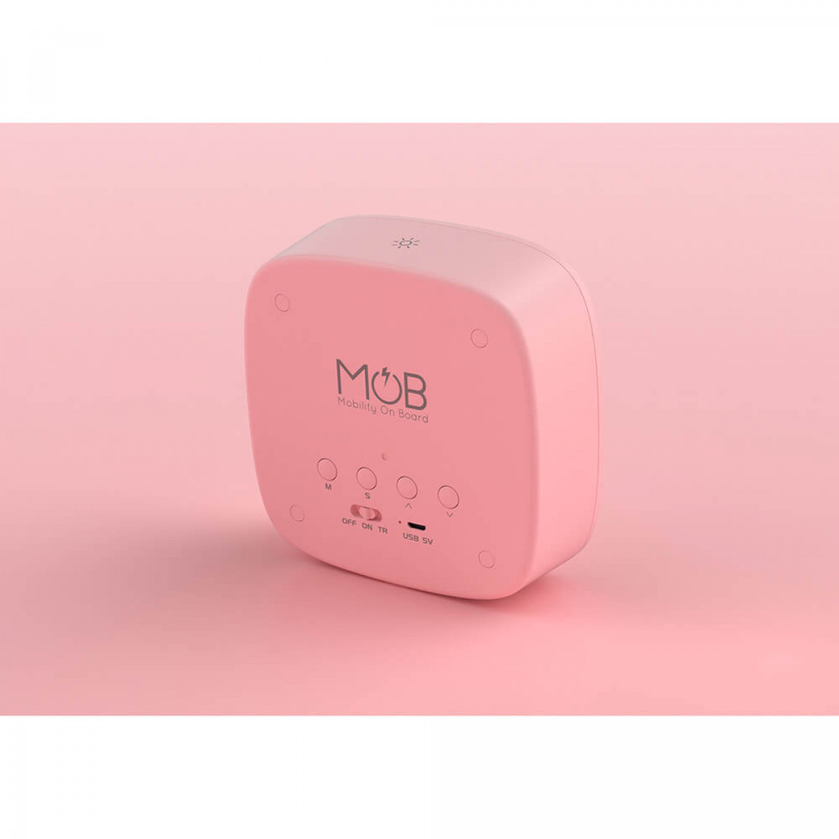 Rosa MOB-Lautsprecher. Er hat Tasten für Strom, Modusauswahl und USB. Der Hintergrund ist ebenfalls rosa.