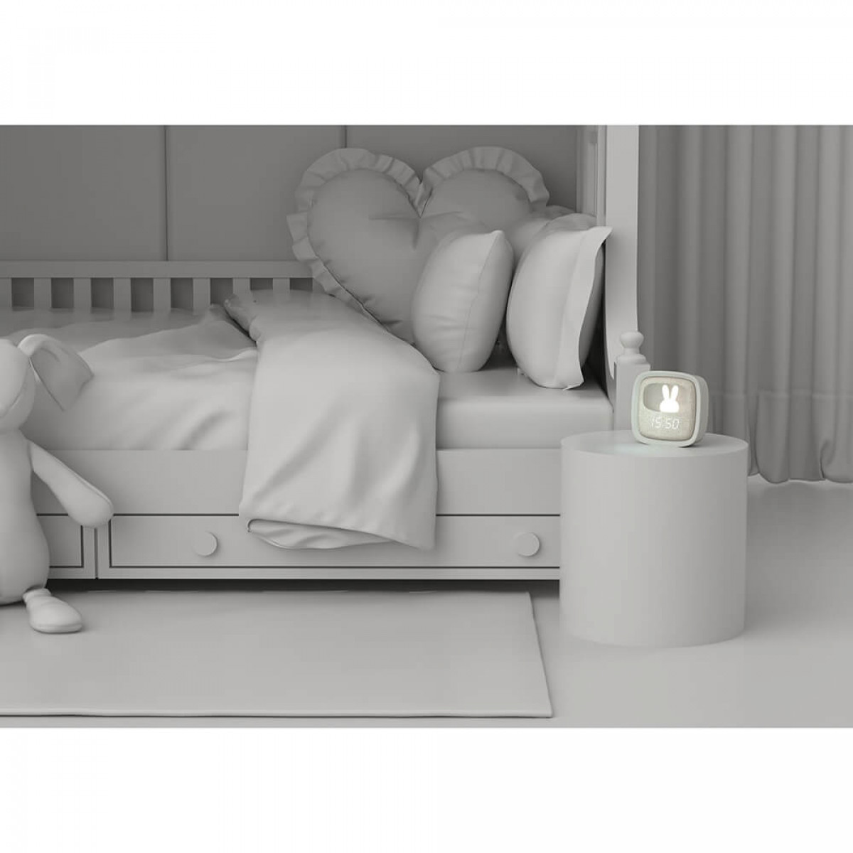 Stanza per bambini, letto bianco con cuscini e orologio sul comodino.