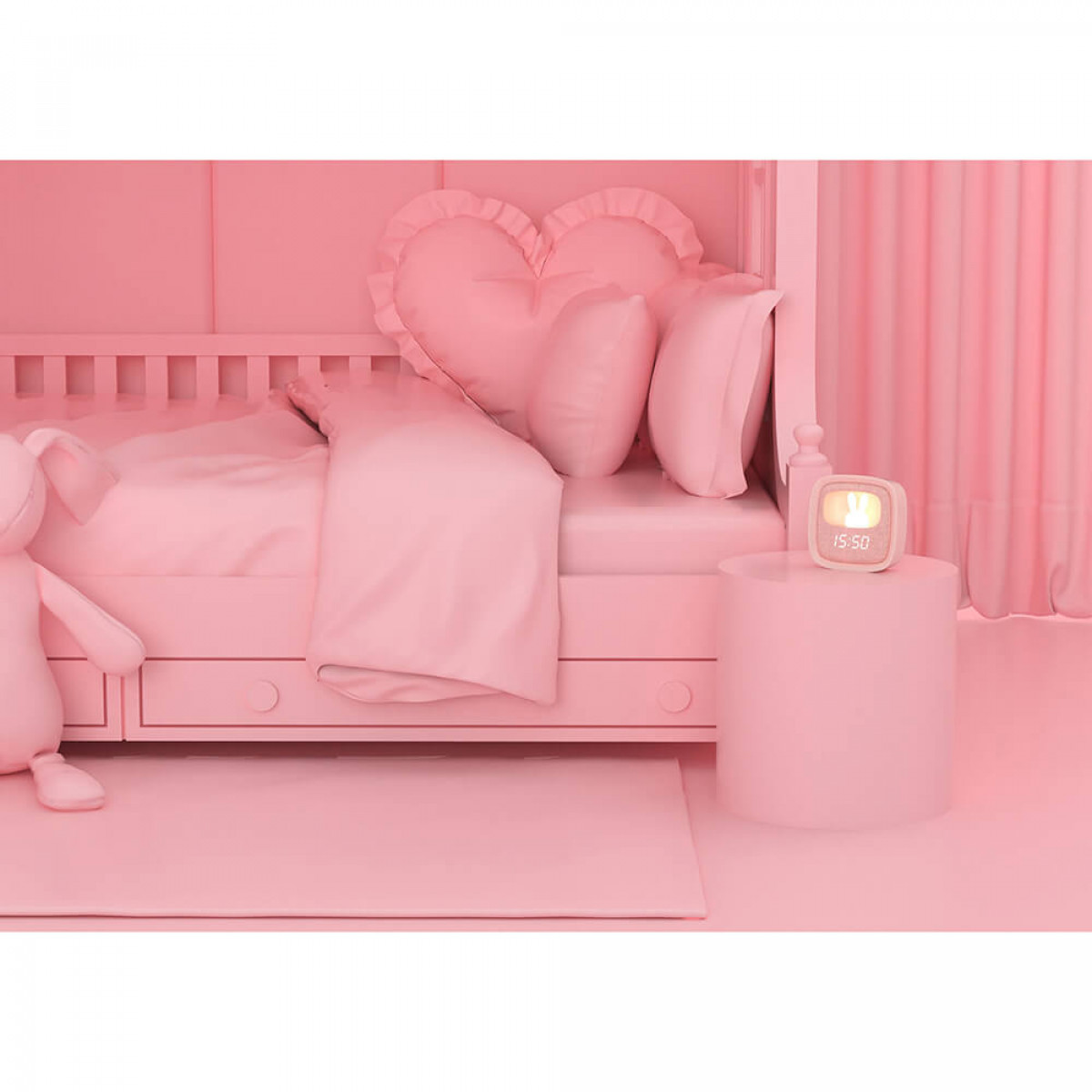 Rosa Schlafzimmer. Bett mit Herz-Kissen, Nachttisch mit Wecker und Teppich.