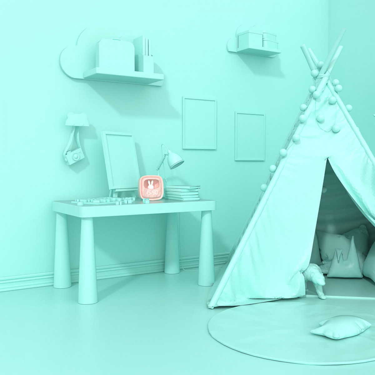 Ein Kinderzimmer in hellblauer Farbe. Es hat ein Tipi und einen Tisch mit einer Uhr.