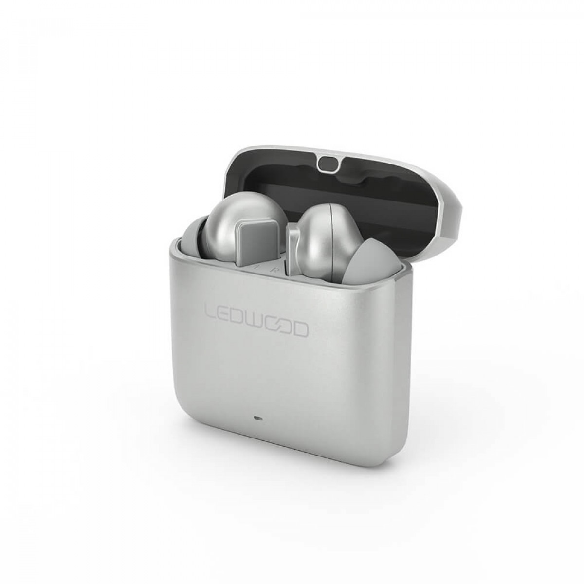 Auricolari argentati in una custodia di ricarica argentata aperta su bianco.