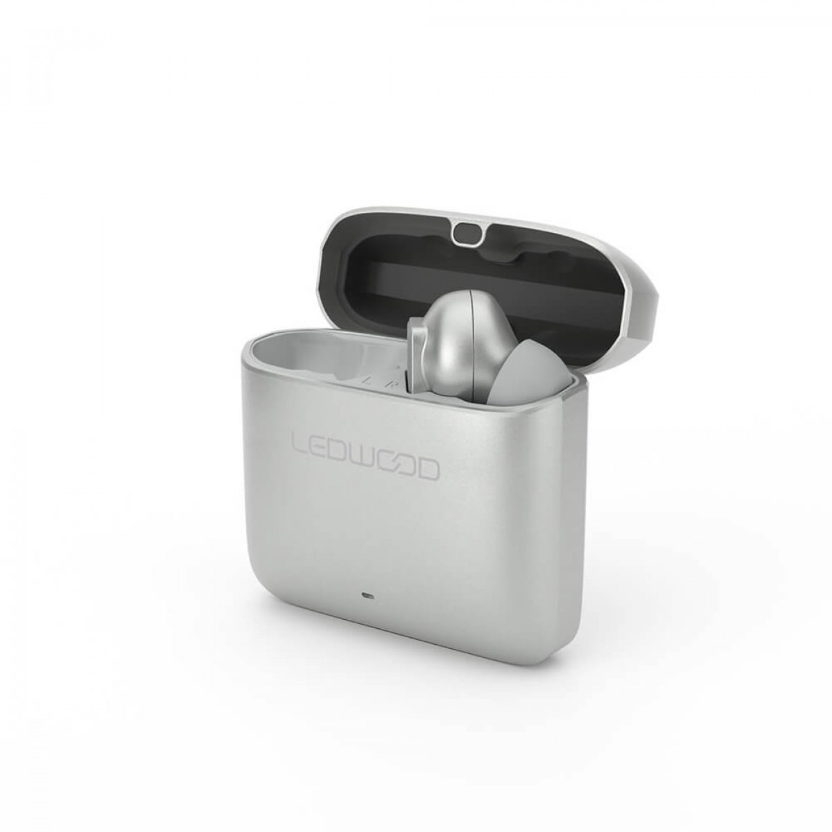 Auricolari wireless argentati con custodia di ricarica, aperti per mostrare gli auricolari.
