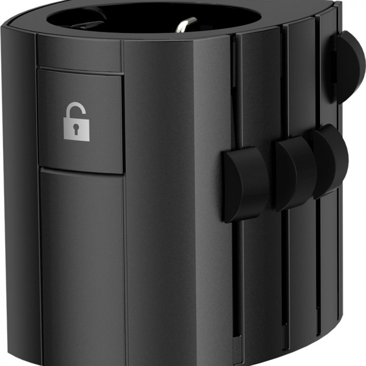 Schwarze Steckdose mit Kindersicherung. Mit Schlüsselloch und Design von drei schwarzen Knöpfen.