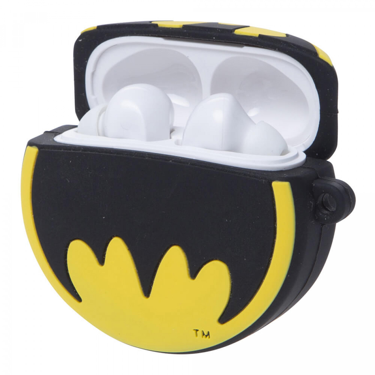 Custodia per auricolari Batman nera e gialla, aperta, mostra auricolari bianchi all'interno.