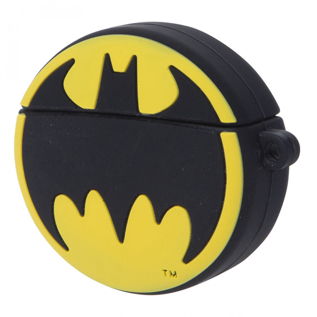 Un logo di Batman nero e giallo su una custodia arrotondata. Il logo è prominente.