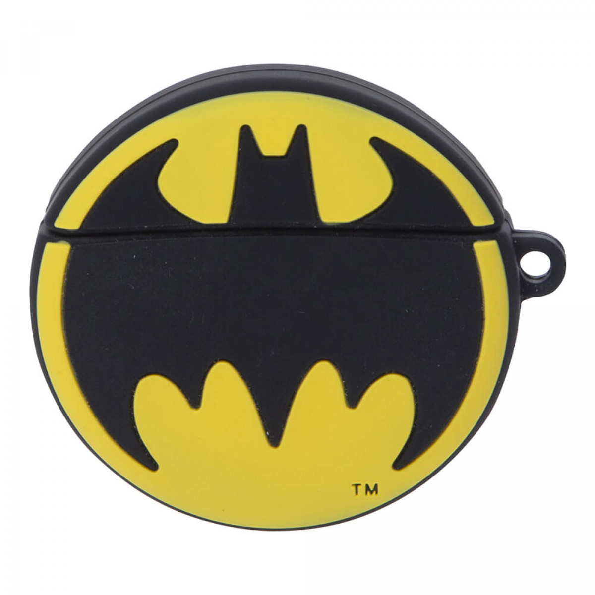 Logo di Batman su una custodia circolare gialla e nera per auricolari.