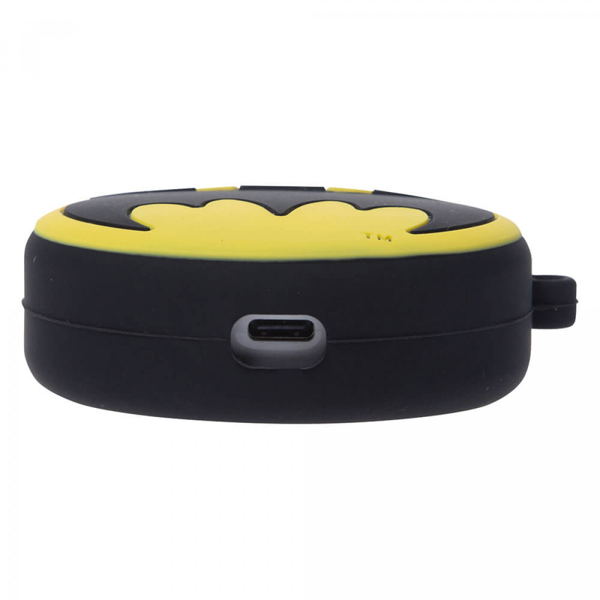 Custodia Batman nera e gialla. Porta USB visibile. Sfondo bianco. Studio, isolato.