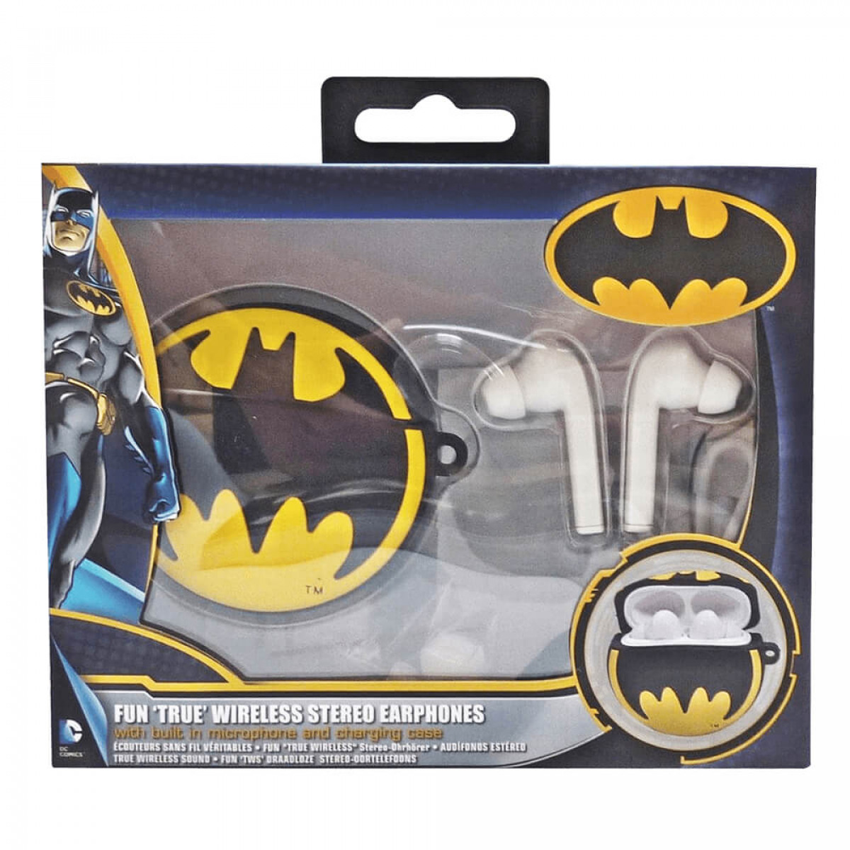 Ein drahtloses Batman-Ohrhörer-Set mit Ladecase, in einer Einzelhandelsverpackung präsentiert.