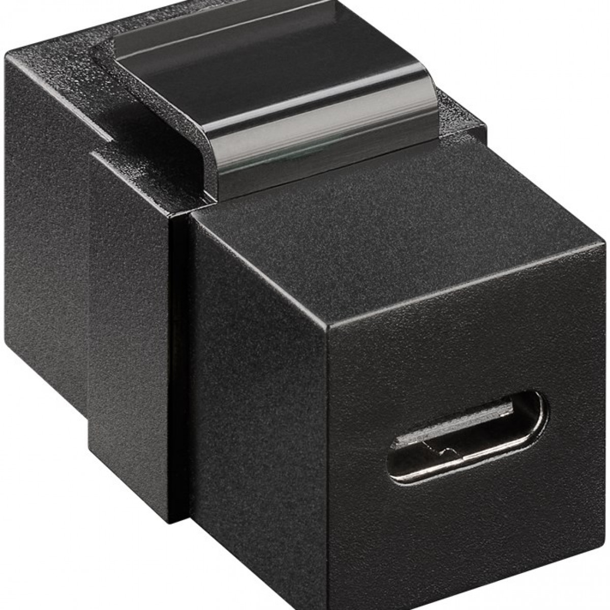 Ein schwarzer USB-C-Adapter. Er hat eine rechteckige Form und einen Metallclip.