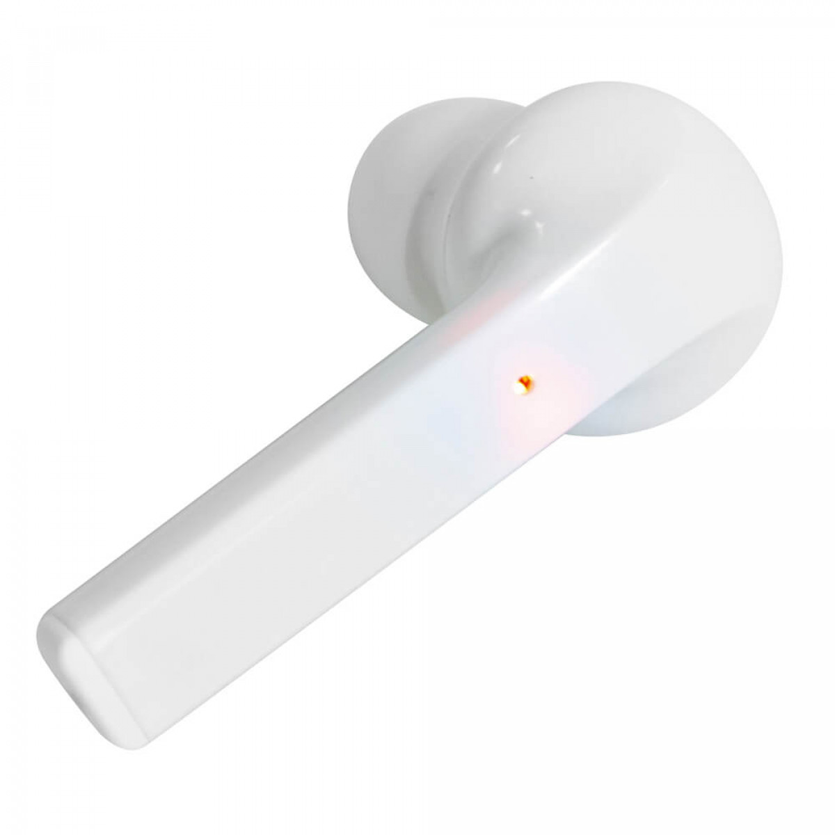Auricolare wireless bianco con una piccola luce arancione, angolato su sfondo bianco.