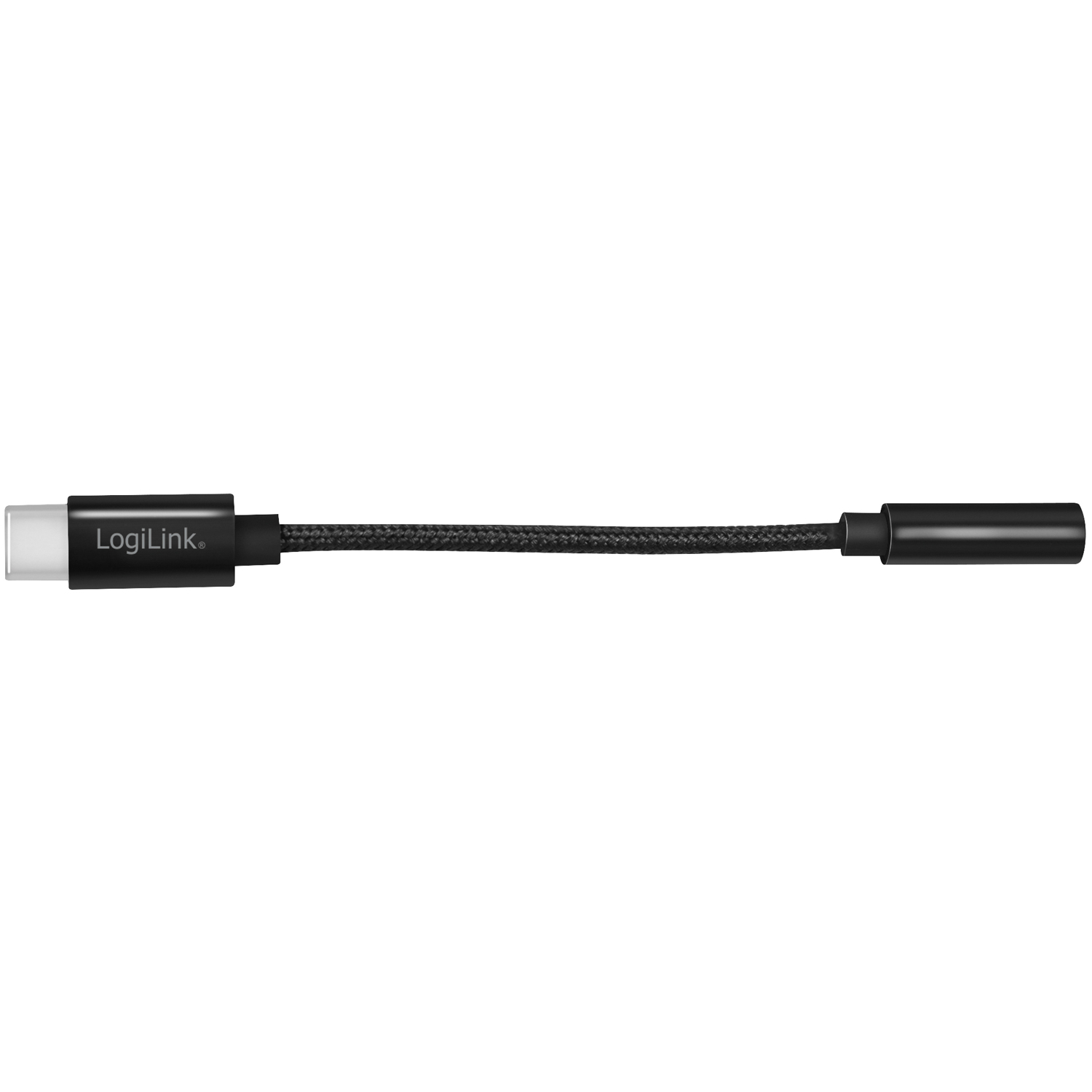 Schwarzes LogiLink USB-C-auf-3,5-mm-Audioadapterkabel mit USB-C-Anschluss und 3,5-mm-Audiobuchse.