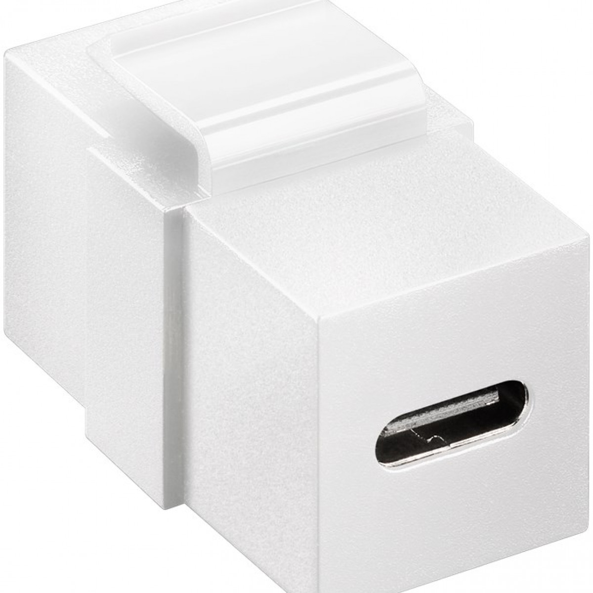 Ein weißer USB-C-Adapter mit rechteckiger Form und einem Schlitz für ein Kabel.