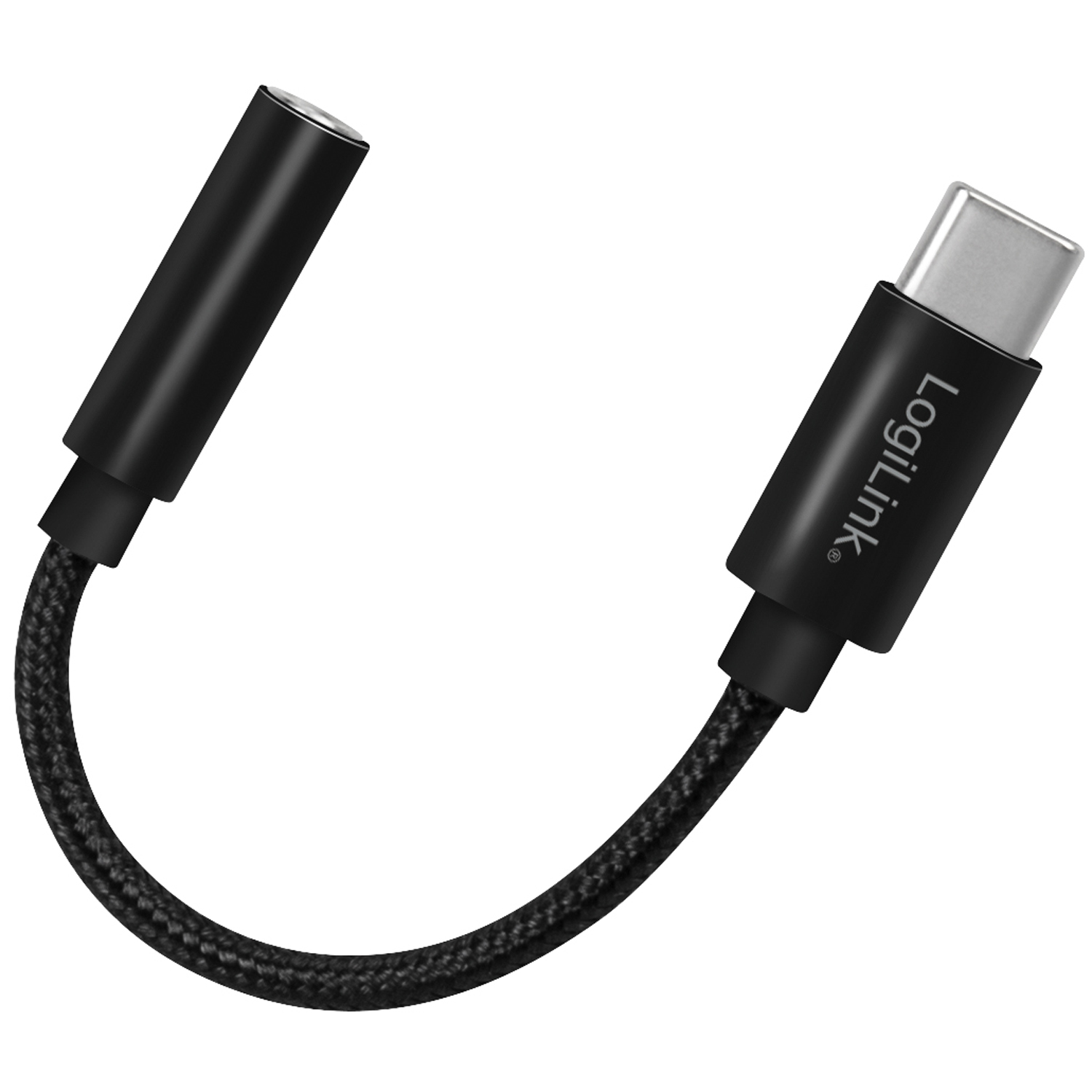Schwarzes Audio-Adapterkabel. USB-C auf 3,5 mm Klinke.