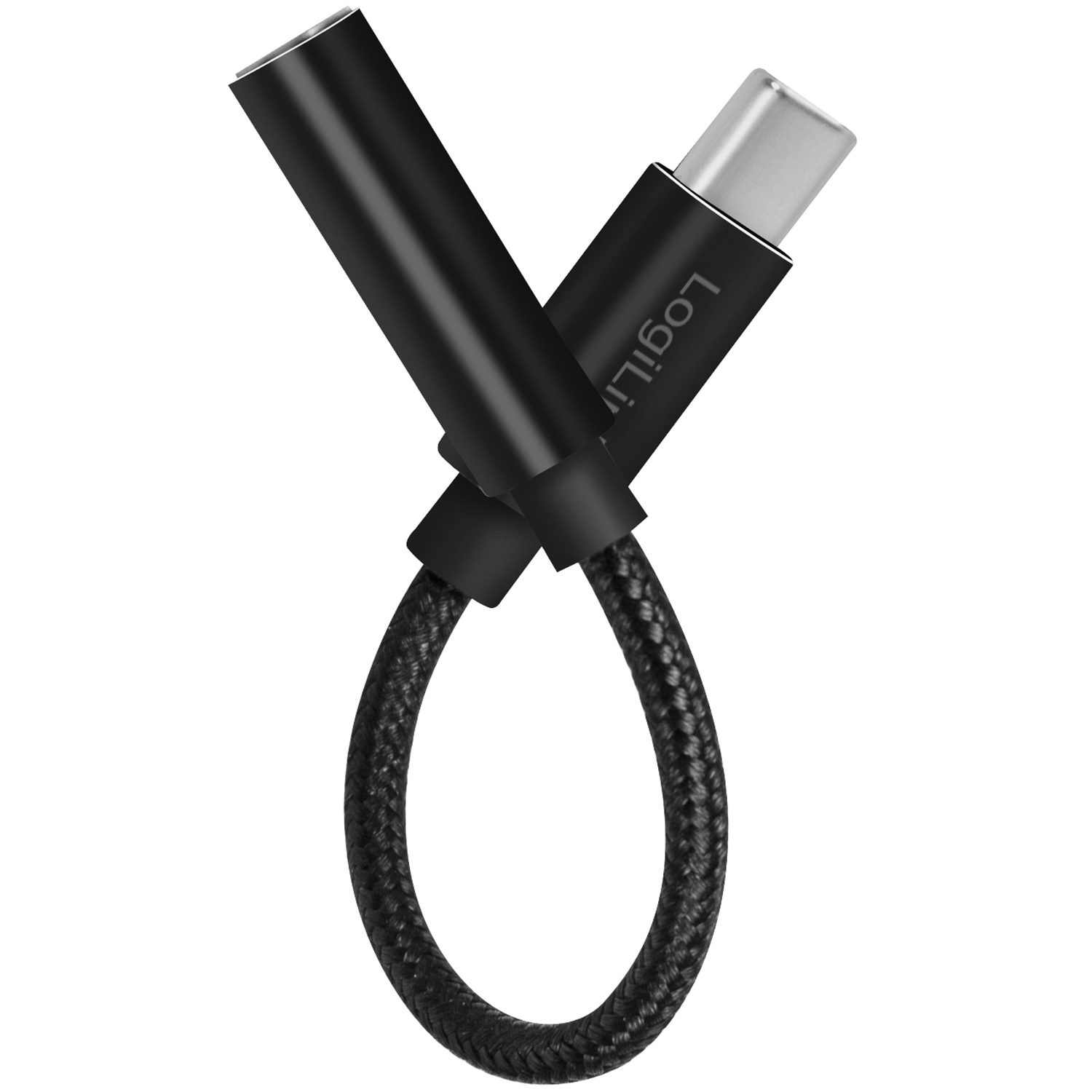 Schwarzer und silberner Adapter. Typ-C- und 3,5-mm-Klinkenanschlüsse, verbunden durch eine schwarze geflochtene Kabelschlaufe.