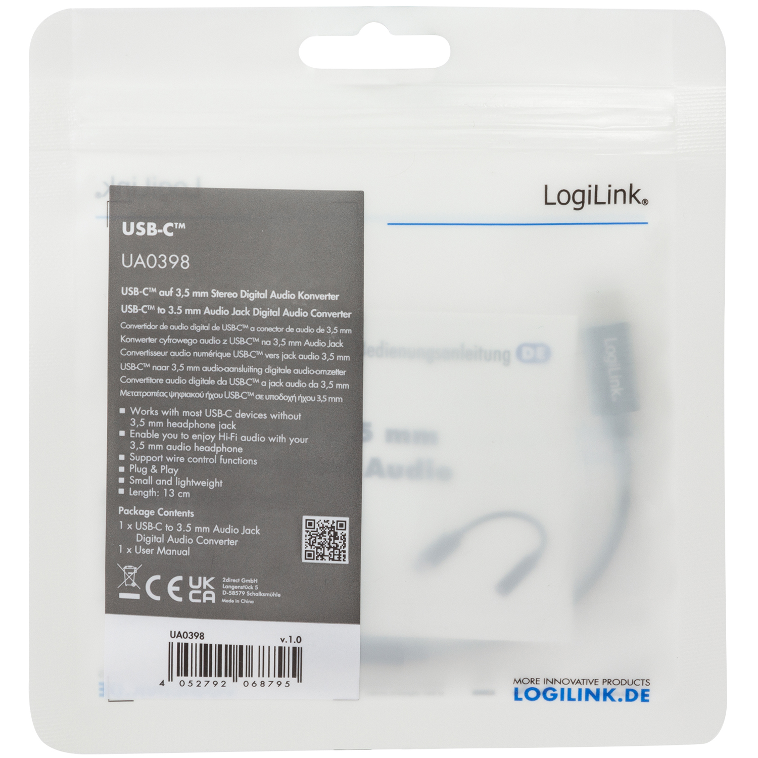 USB-C-auf-3,5-mm-Audio-Klinken-Adapter in transparenter Verpackung mit Produktinformationen.