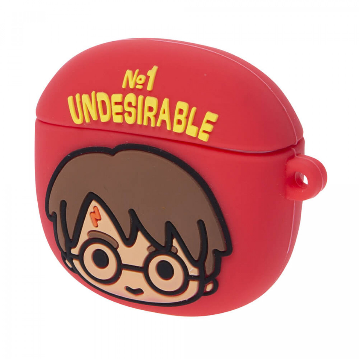 Una custodia per AirPods a tema Harry Potter rossa con le parole 'No. 1 Undesirable'.