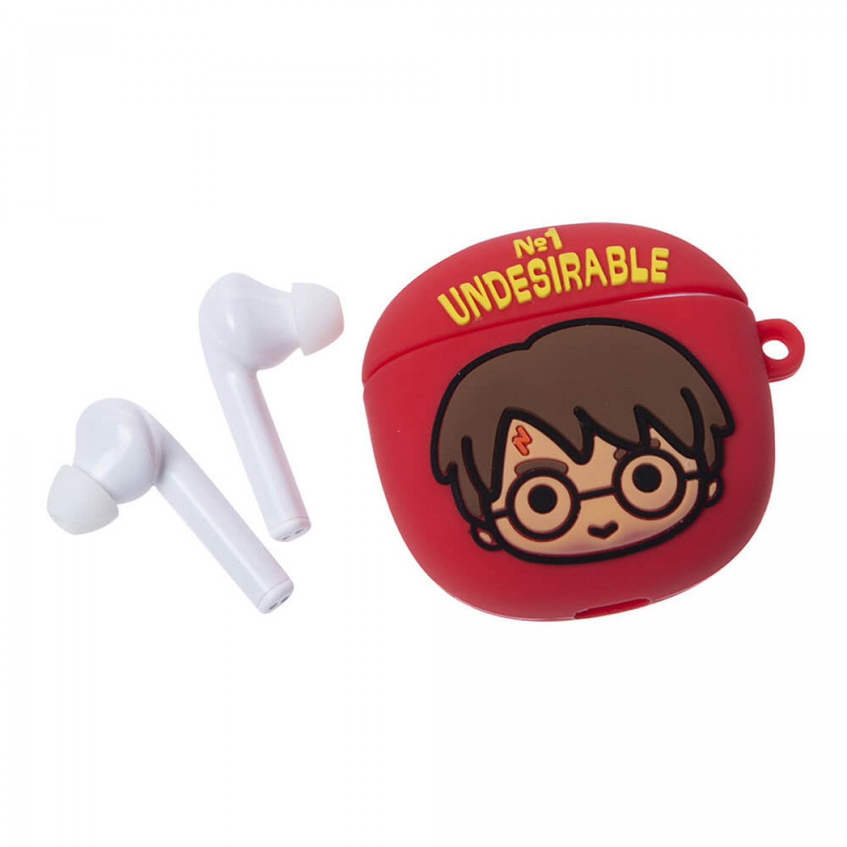 Auricolari wireless bianchi e custodia rossa con cartone animato di Harry Potter.