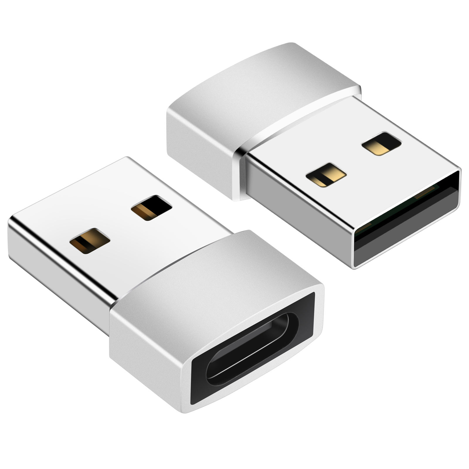 Dwa srebrne adaptery USB na Type-C, obok siebie.