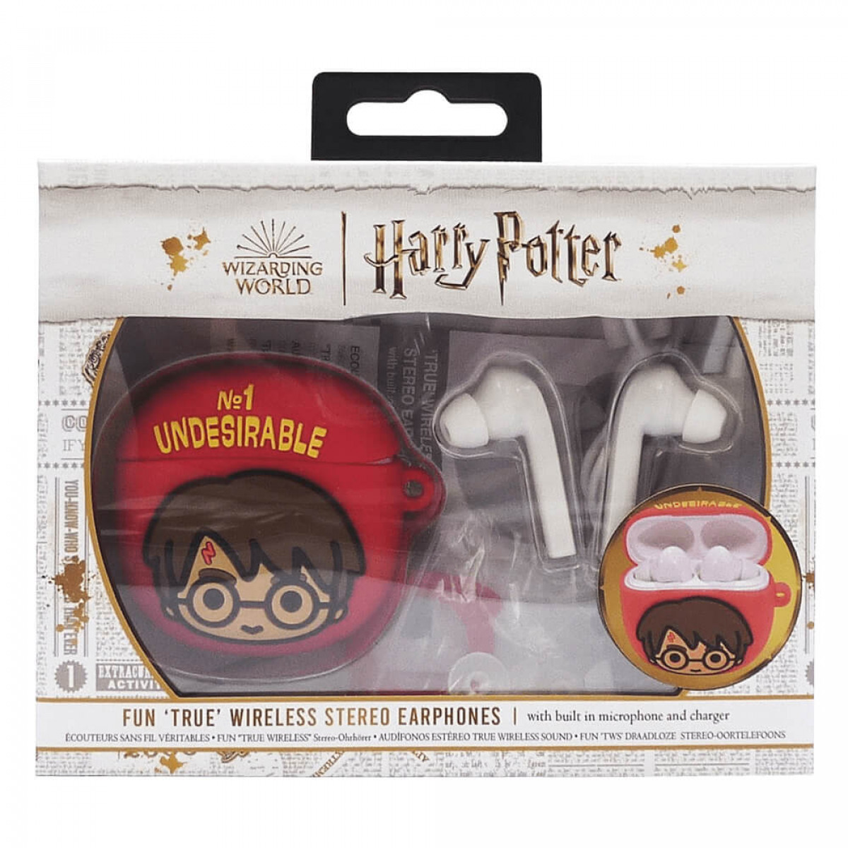 Eine Schachtel mit Harry Potter-Kopfhörern. Es gibt ein Bild von Harry und die Hülle sagt 'Unerwünscht'.