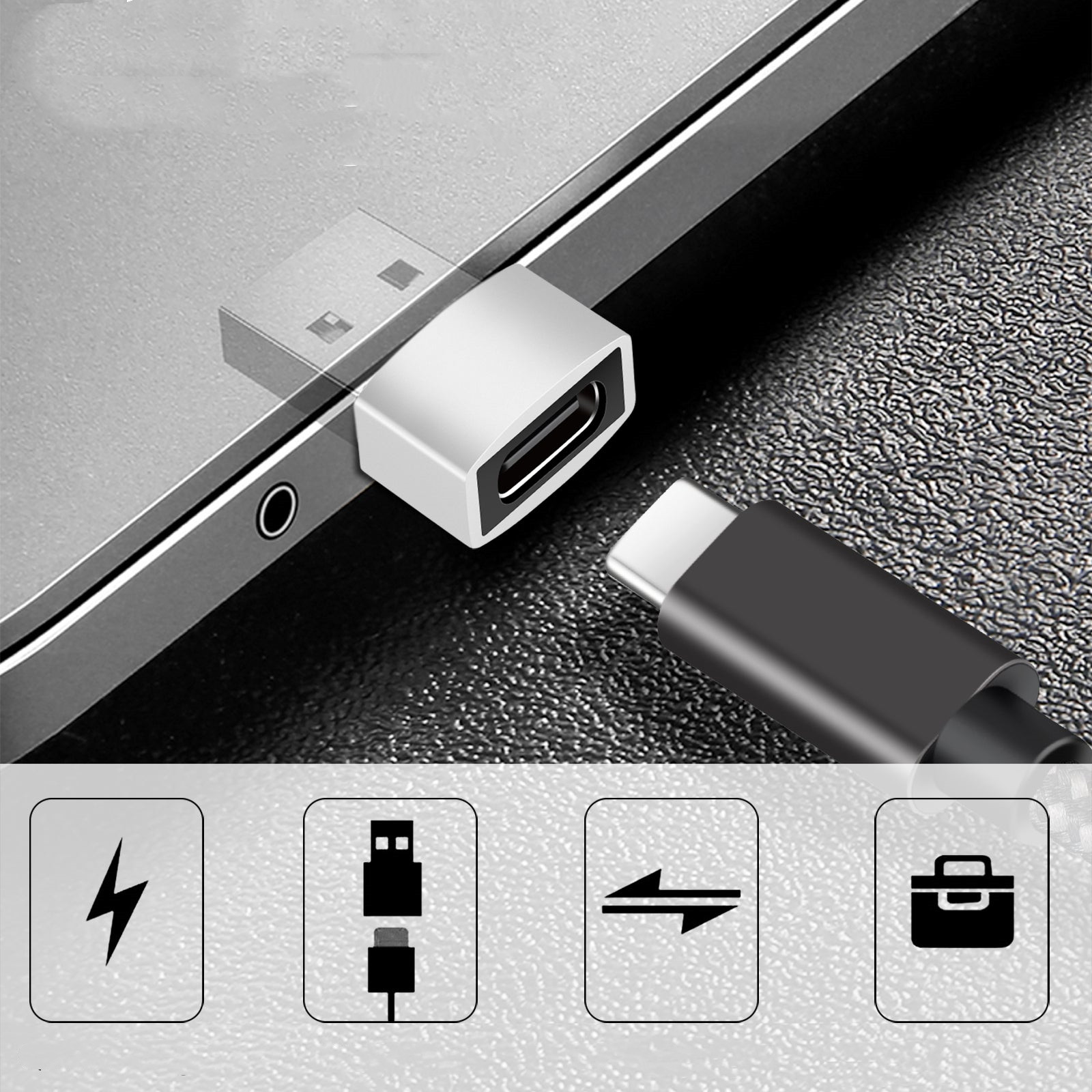 Adapter USB podłączony do laptopa. Posiada port USB-A i USB-C.