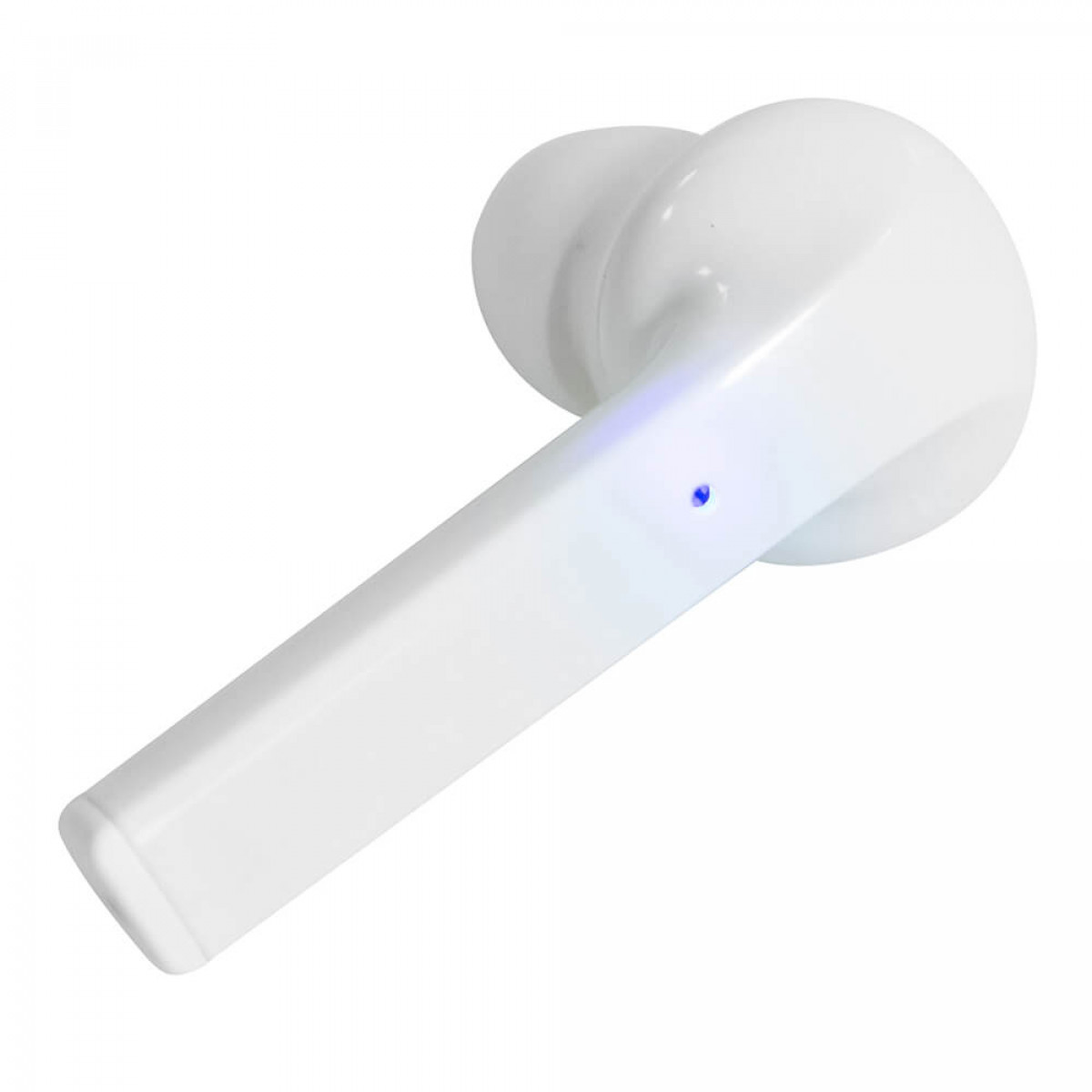 Un singolo auricolare wireless bianco con un indicatore luminoso blu.