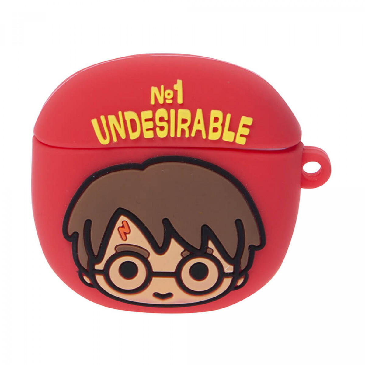 Custodia rossa per AirPods con la scritta "No. 1 Undesirable" e un cartone di Harry Potter.