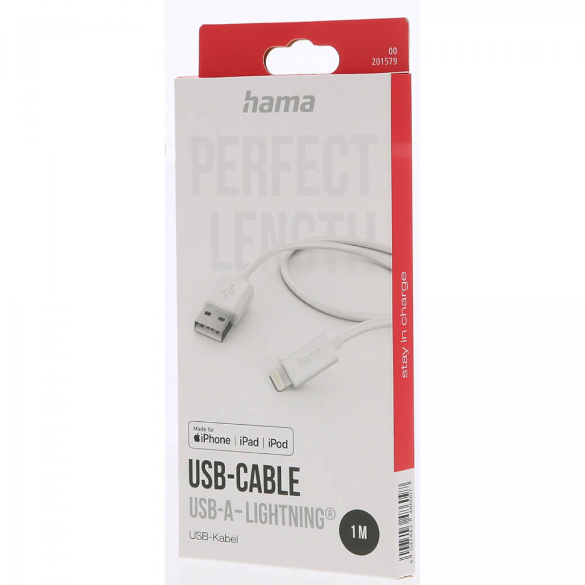 Câble USB-A vers Lightning dans une boîte, fond blanc.