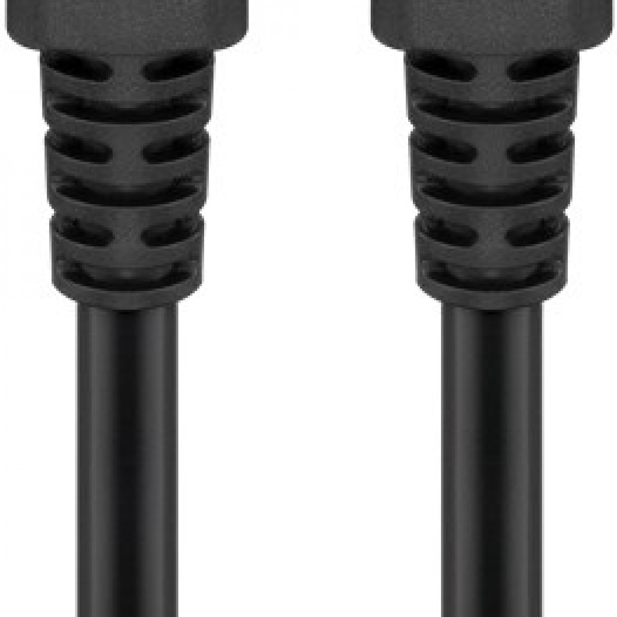 Zwei schwarze, gerippte Kabel mit runden Steckern, isoliert auf weißem Hintergrund.