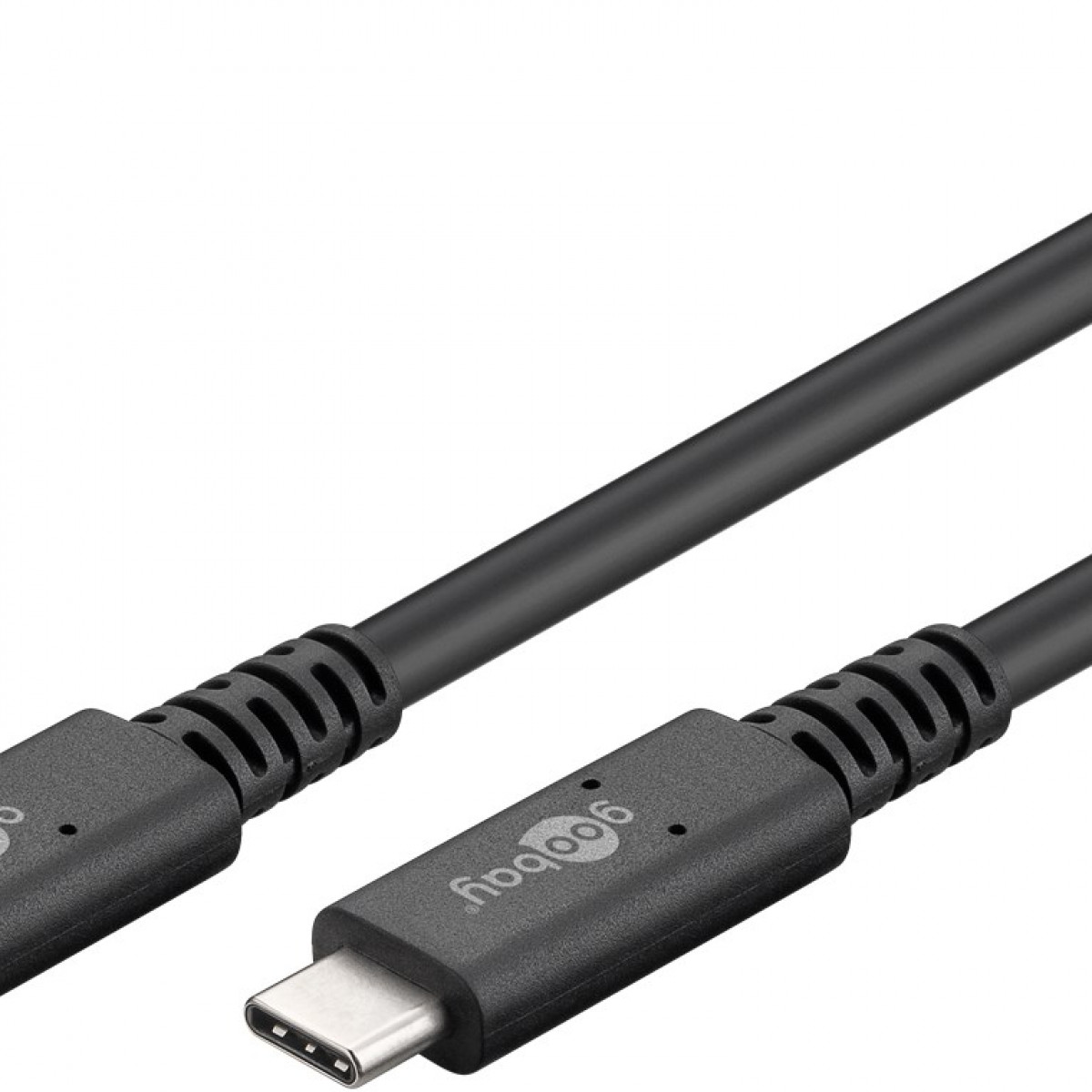 Schwarzes USB-C-Kabel mit Steckern an beiden Enden. 'goobay' ist aufgedruckt.