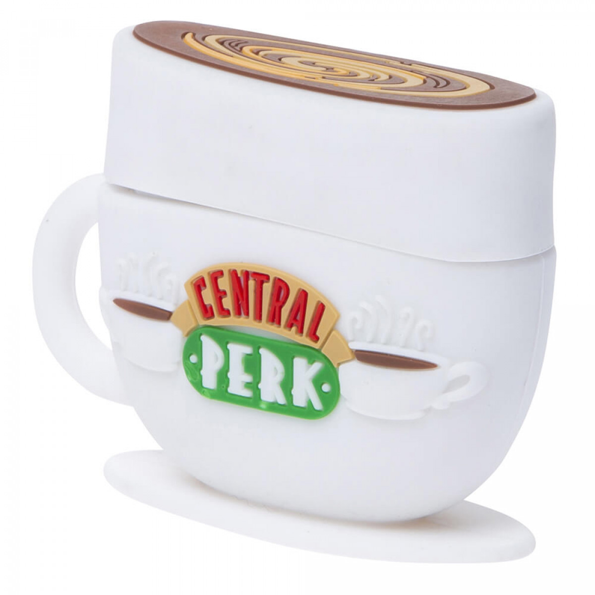Weißer, becherförmiger Halter mit braunem Wirbel oben und dem  „Central Perk“-Logo, isoliert.