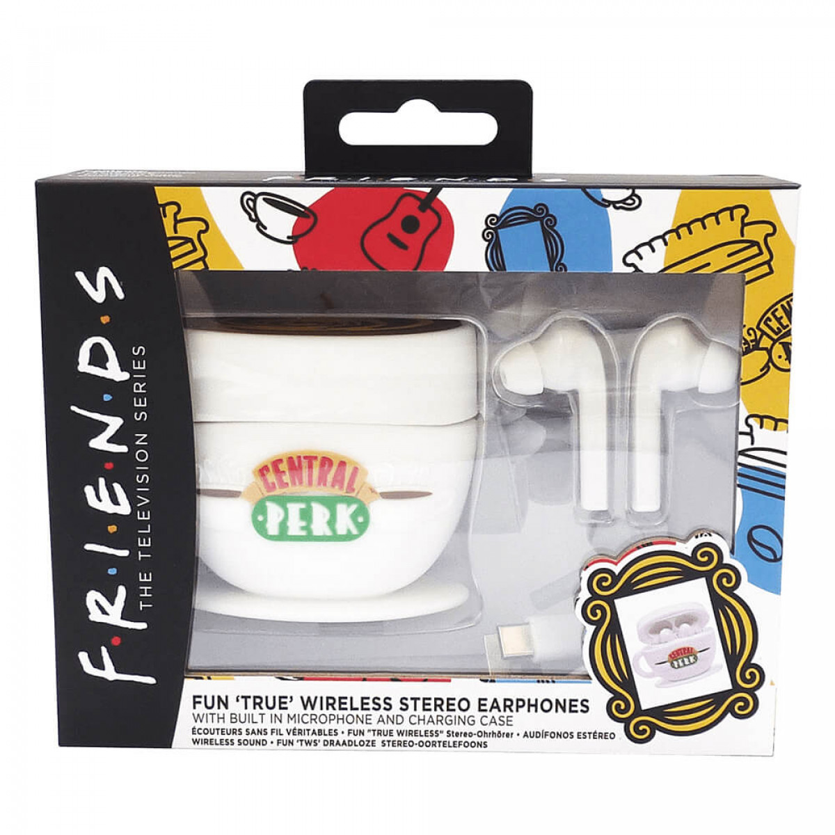 Freunde-Ohrhörer in Box, mit Ladecase in Form einer Central Perk-Tasse.