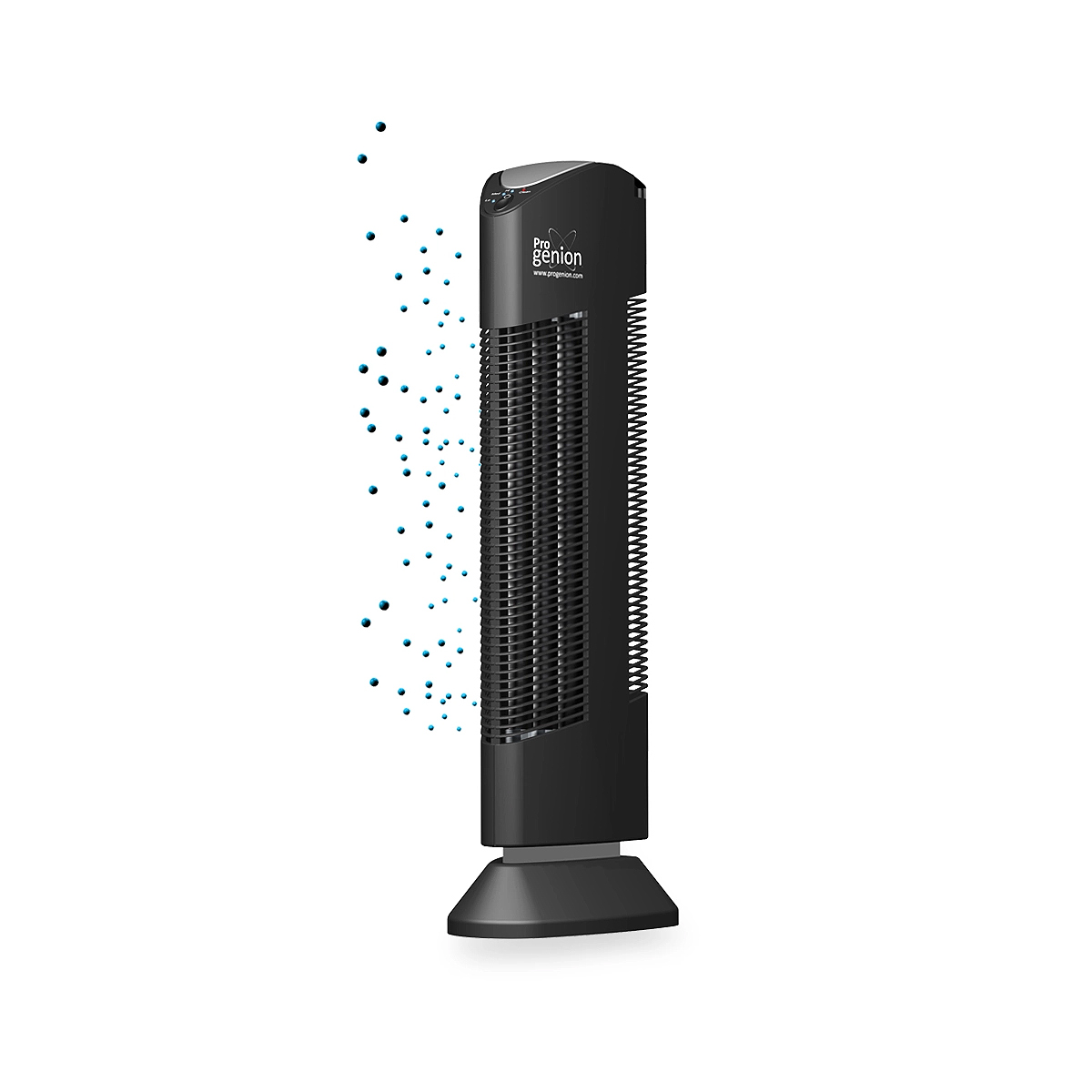 Ein schwarzer Turmventilator mit blauen Punkten. Der Ventilator ist hoch und dünn mit schwarzem Sockel.