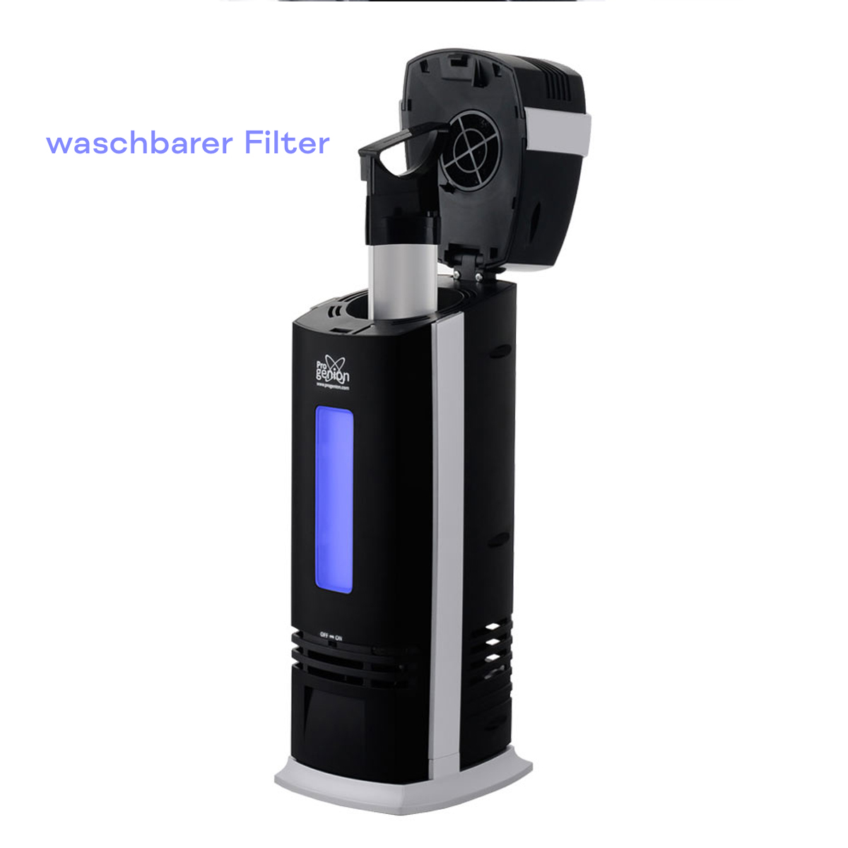 Ein schwarzer Luftreiniger mit blauem Licht, mit dem Label 'waschbarer Filter' oben.