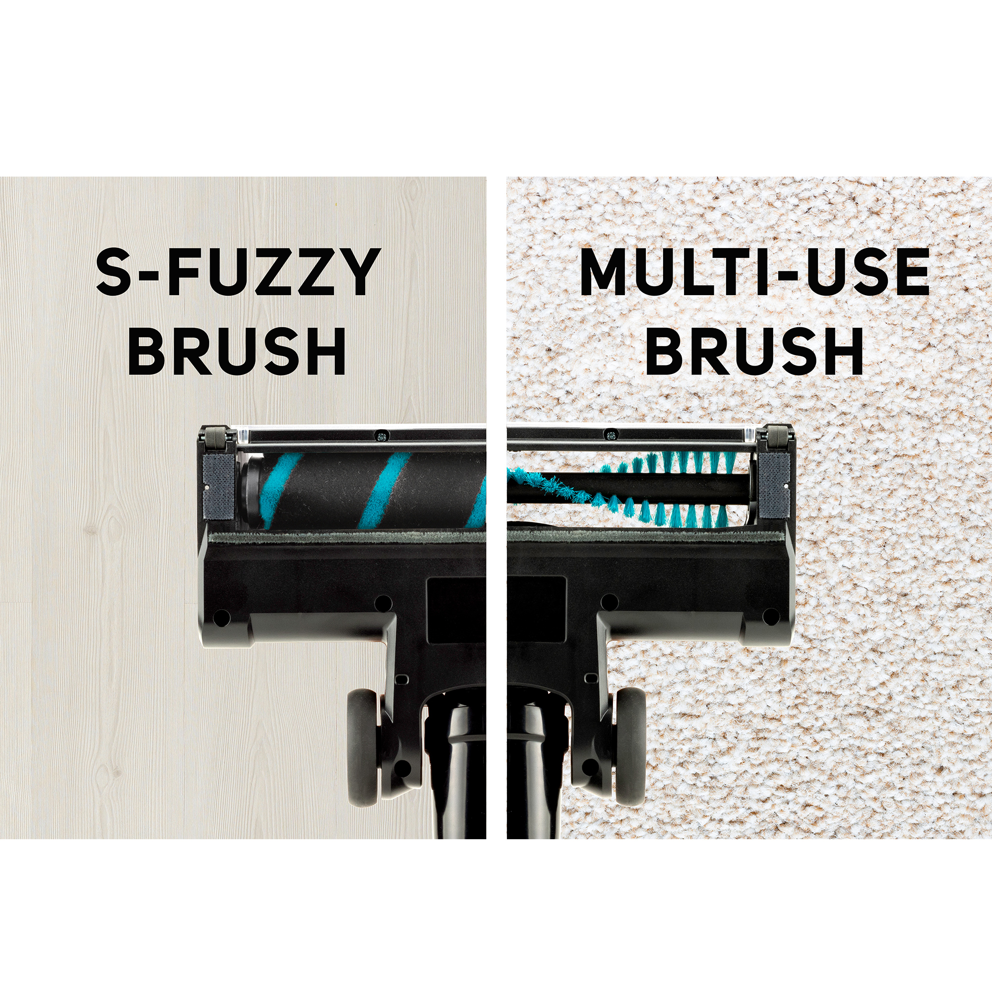 Due testine per aspirapolvere: una per tappeti, una per pavimenti duri. Le etichette riportano 'S-Fuzzy Brush' e 'Multi-Use Brush'.