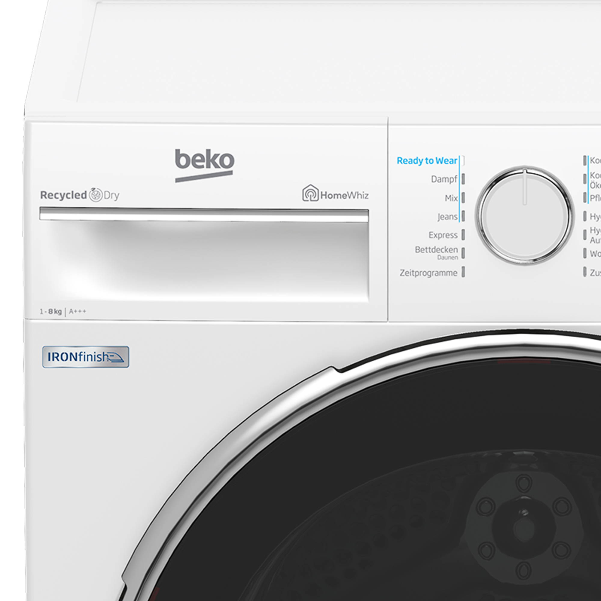 Ein weißer Beko-Trockner mit Bedienfeld, rundem Drehregler und dem Logo 'IRONfinish'.