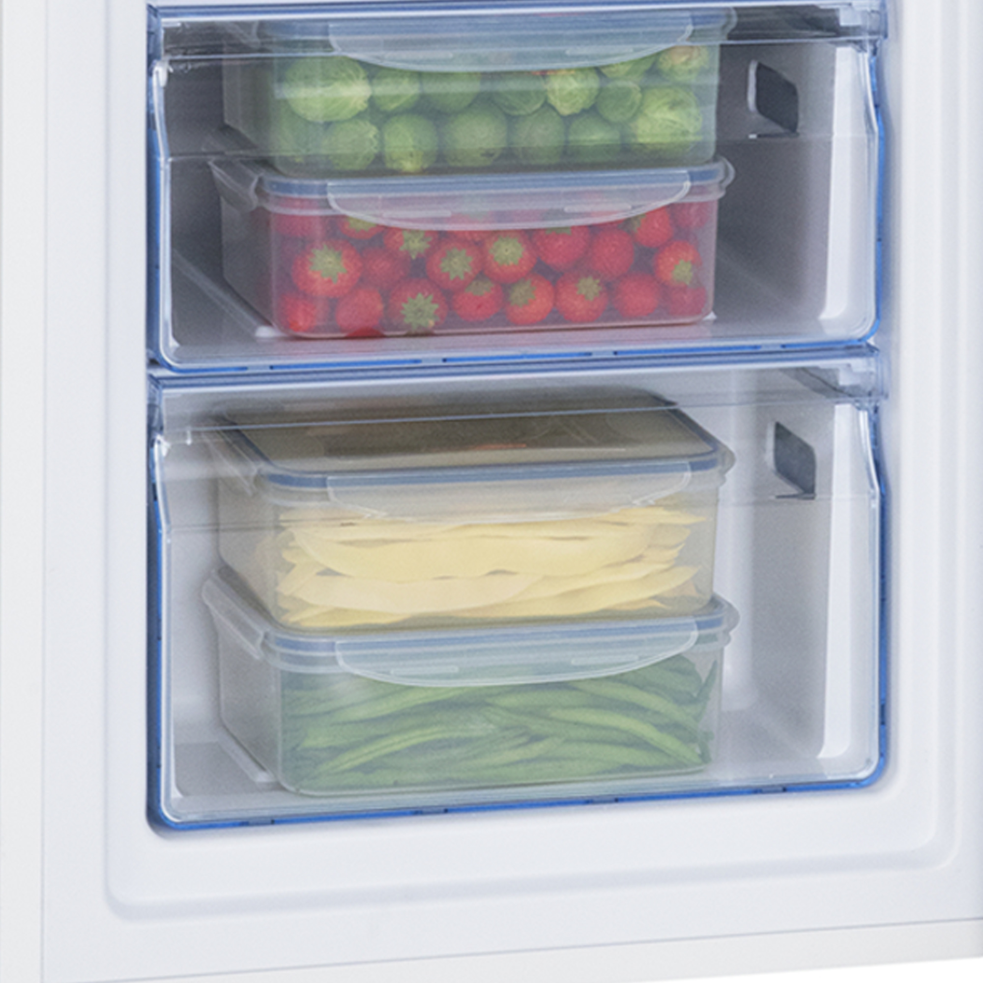 Im Gefrierschrank: Schalen mit grünen Bohnen, Tomaten und Ravioli, alles in Behältern.