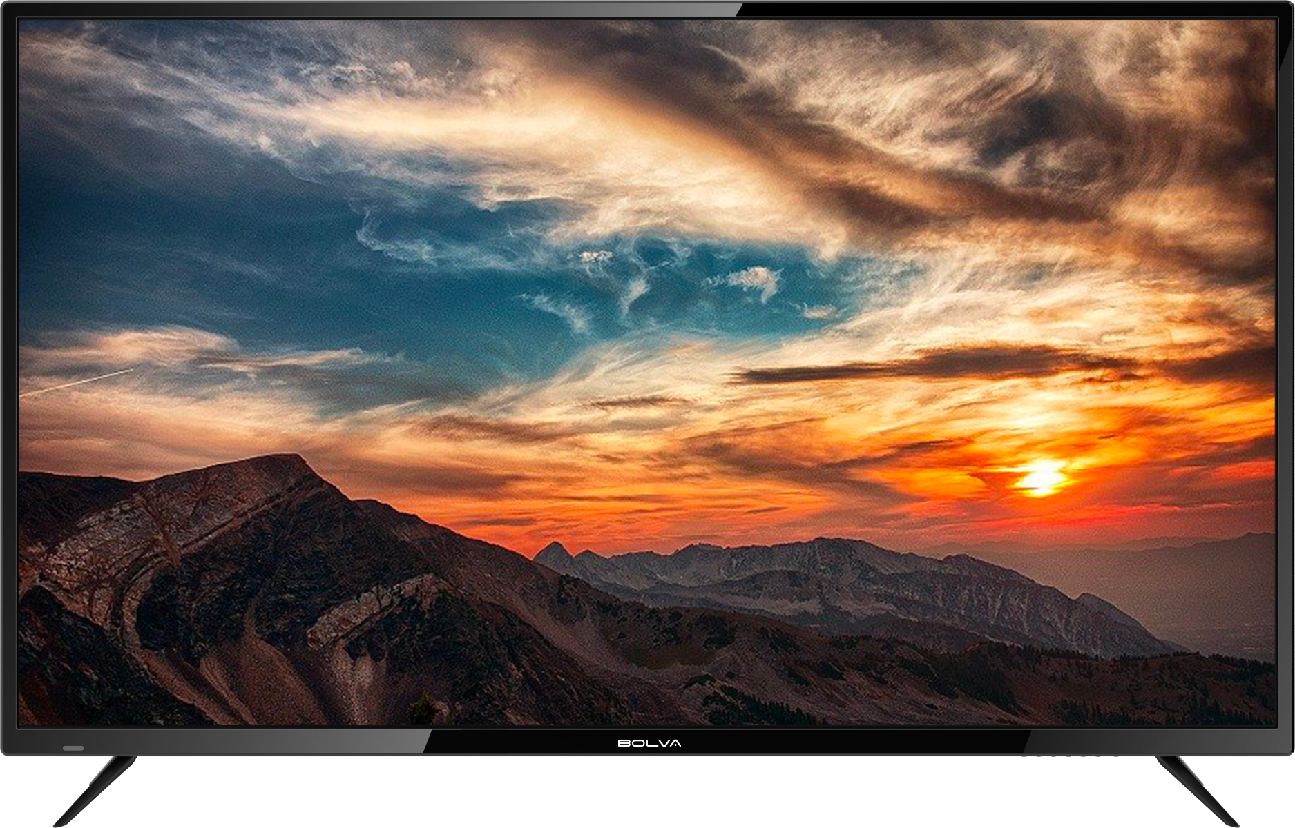 Una TV widescreen mostra un tramonto sulle montagne, con sfumature arancioni, blu e gialle nel cielo.