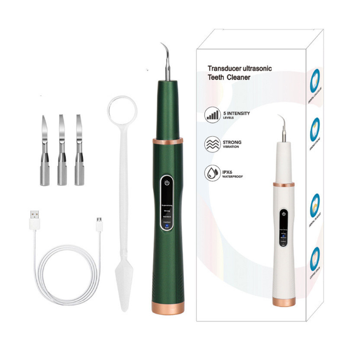 Zestaw do czyszczenia zębów z narzędziami i pudełkiem. Zielony uchwyt, białe narzędzia, białe tło.